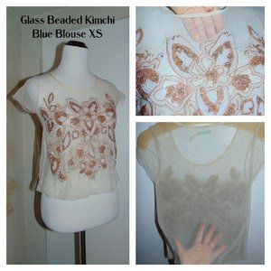 Kimchi Blue Nude Mesh Top XS Beige White Beaded Semi Sheer Top Women's Blouse